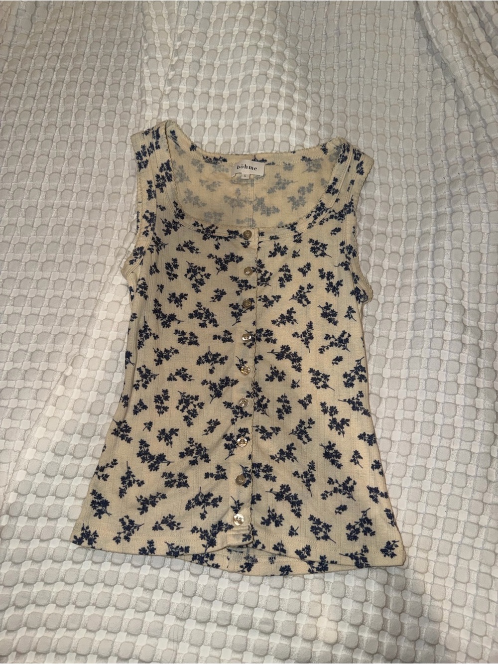bohme Cream Tank Top with Navy Floral Print and Button Front